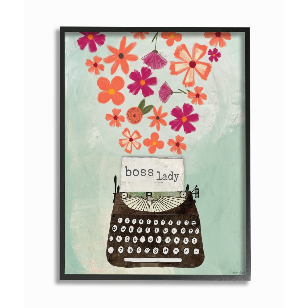 The Stupell Home Decor Boss Lady Pink and Orange Floral Explosion Typewriter