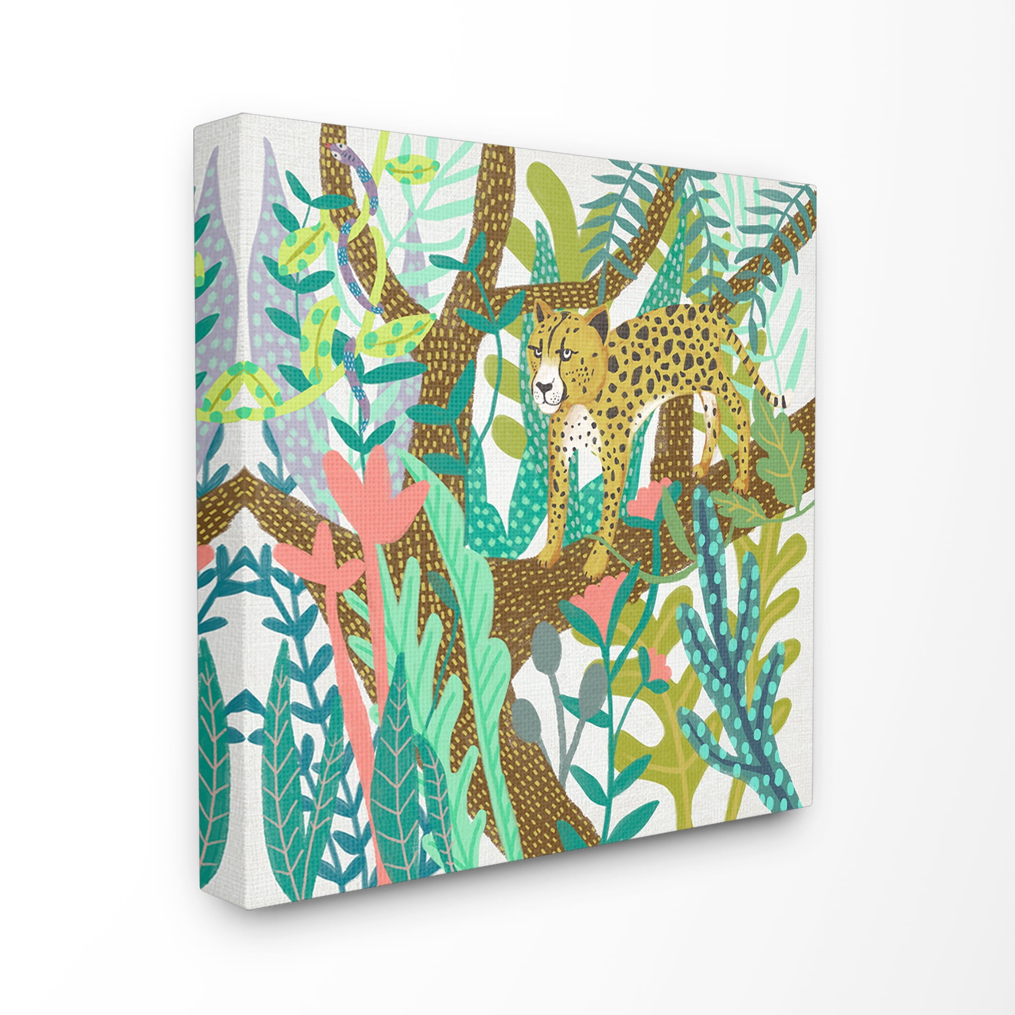 The Stupell Home Decor Bright Jungle Cheetah in the Canopy Illustration Canvas Wall Art