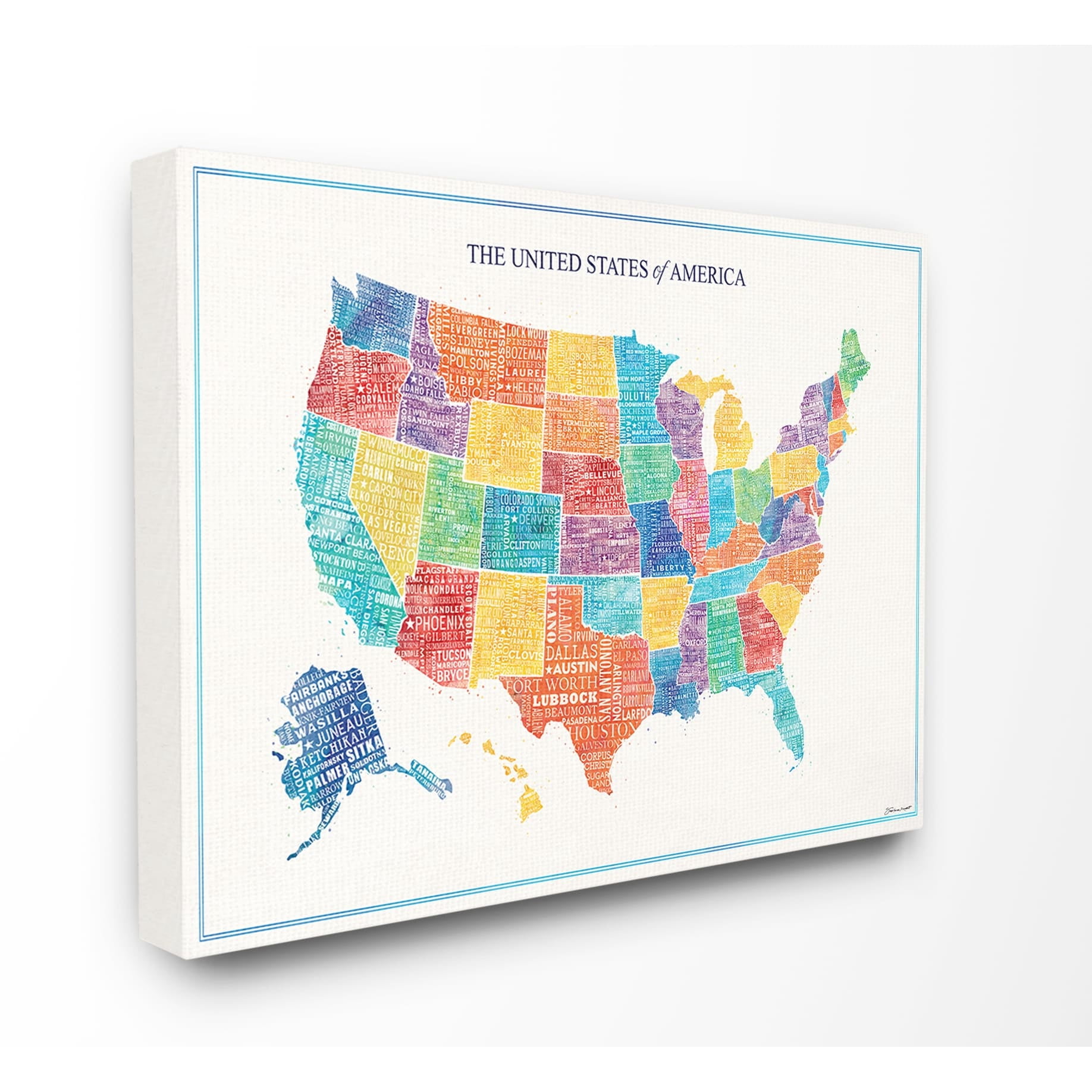 The Stupell Home Decor Bright Multicolored and Lettered US Map Canvas Wall Art