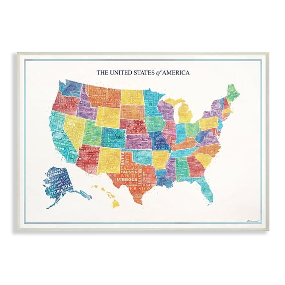 The Stupell Home Decor Bright Multicolored and Lettered US Map Wall Plaque Art