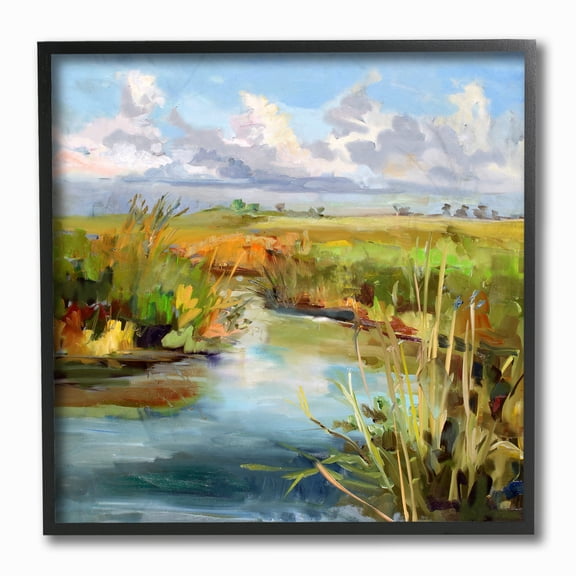 The Stupell Home Decor Bright Painterly Mid Day River Scene with Clouds Framed Texturized Art Design By Carol Hallock