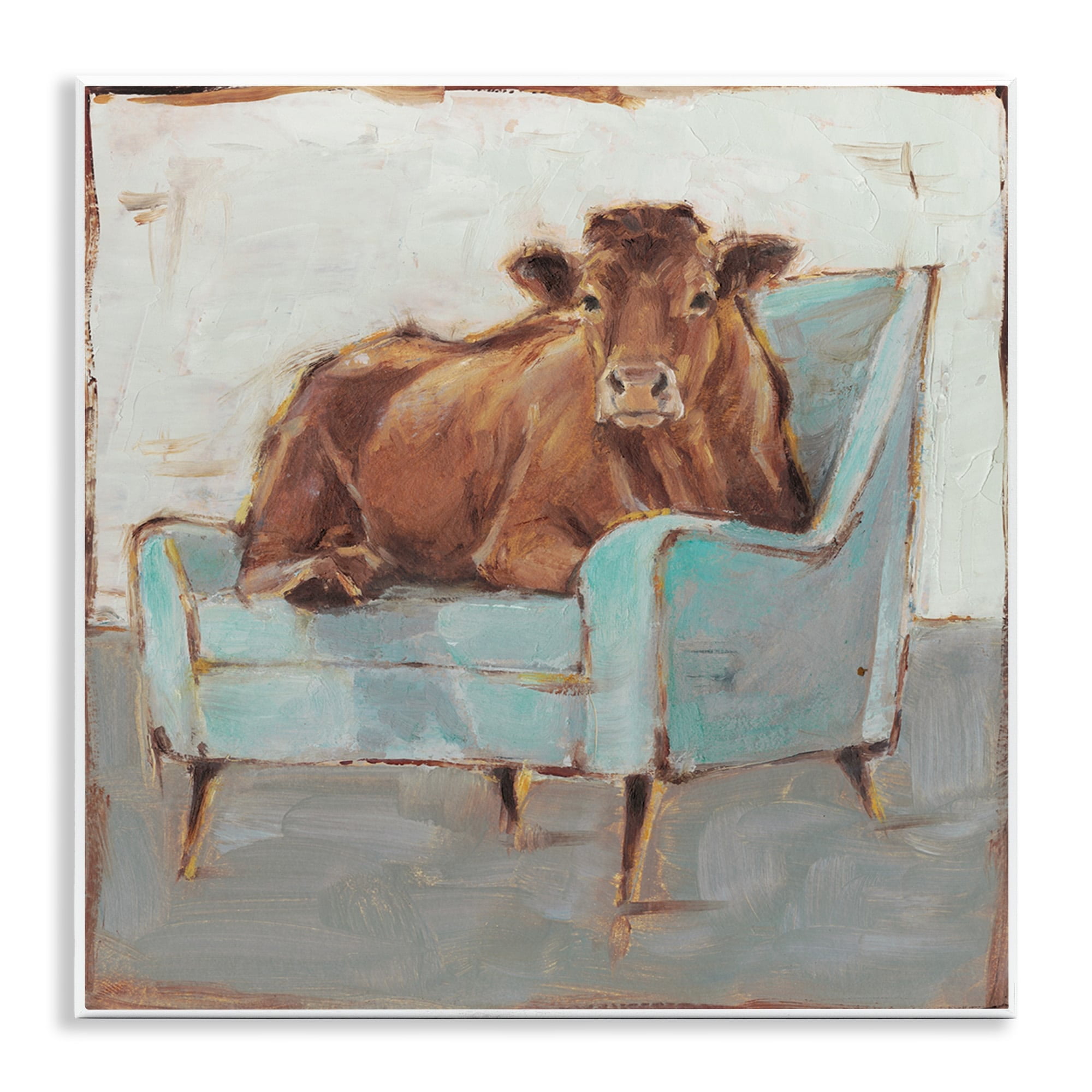 The Stupell Home Decor Brown Bull on a Blue Couch Neutral Color Painting Wall Plaque Art