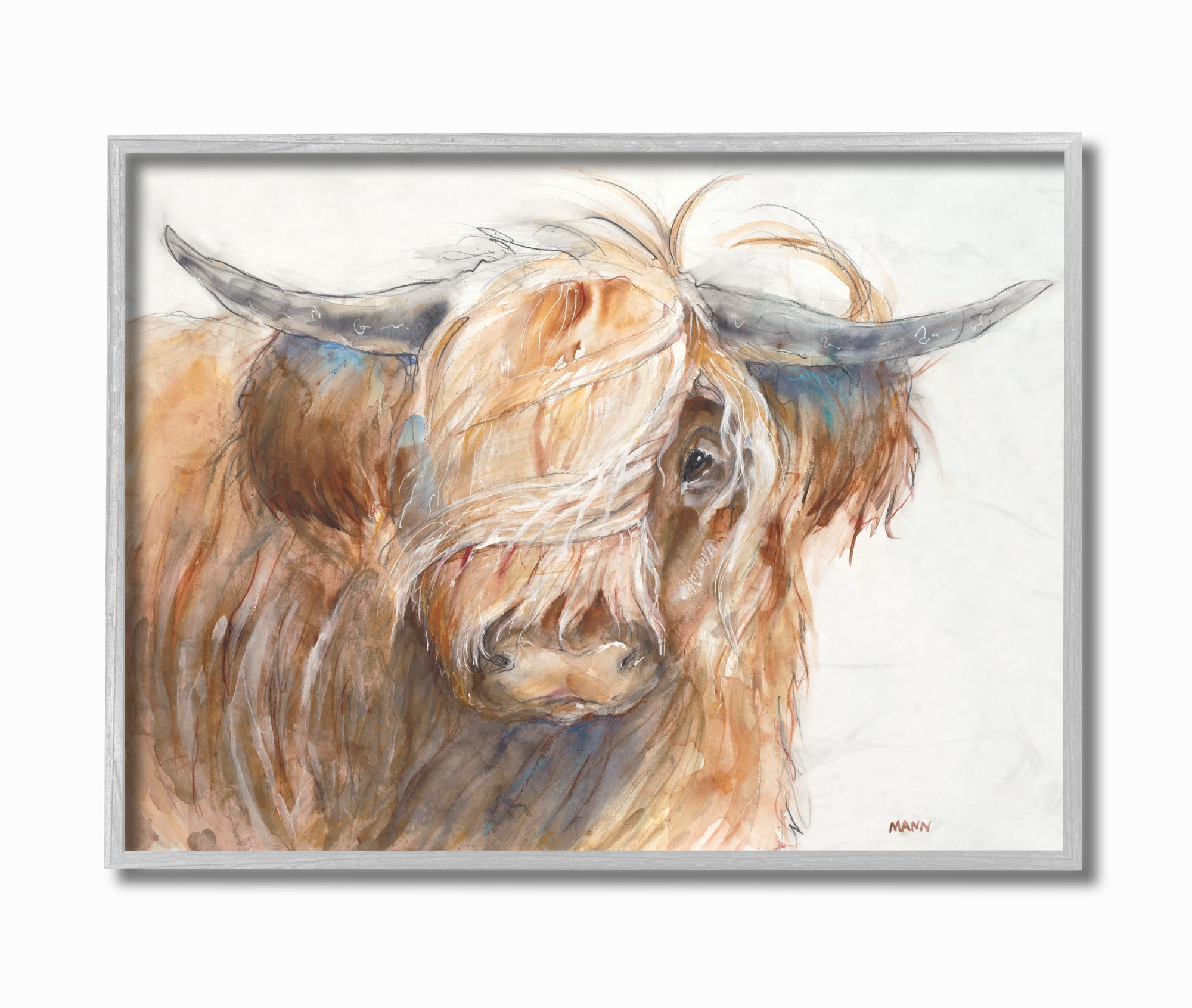 The Stupell Home Decor Brown Horned Bull with Wind Swept Long Hair Painting Gray Framed Texturized Art
