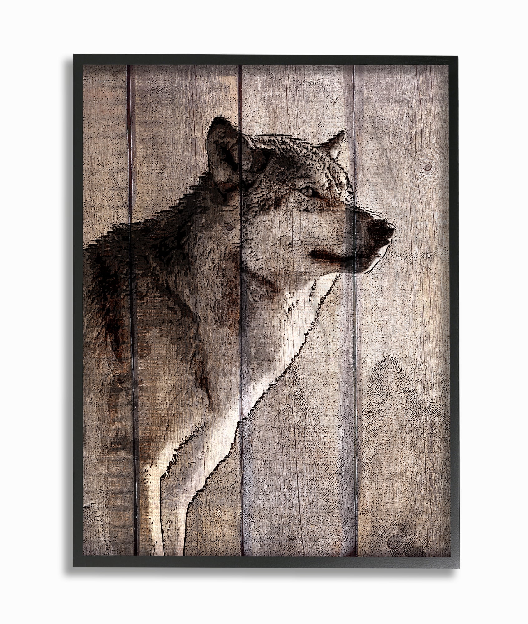 The Stupell Home Decor Brown Wolf Planked Look Photography Framed Texturized Art