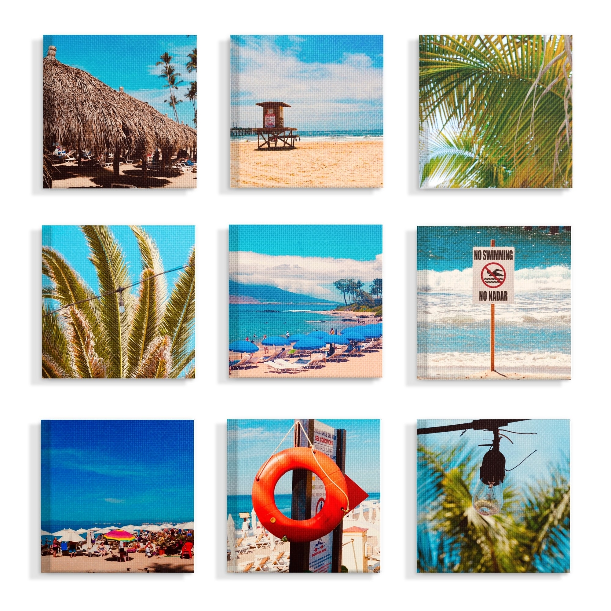 The Stupell Home Decor By the Shore Photo Collage with Palm Trees and Umbrellas Canvas Wall Art, 9pc, each 12 x 12