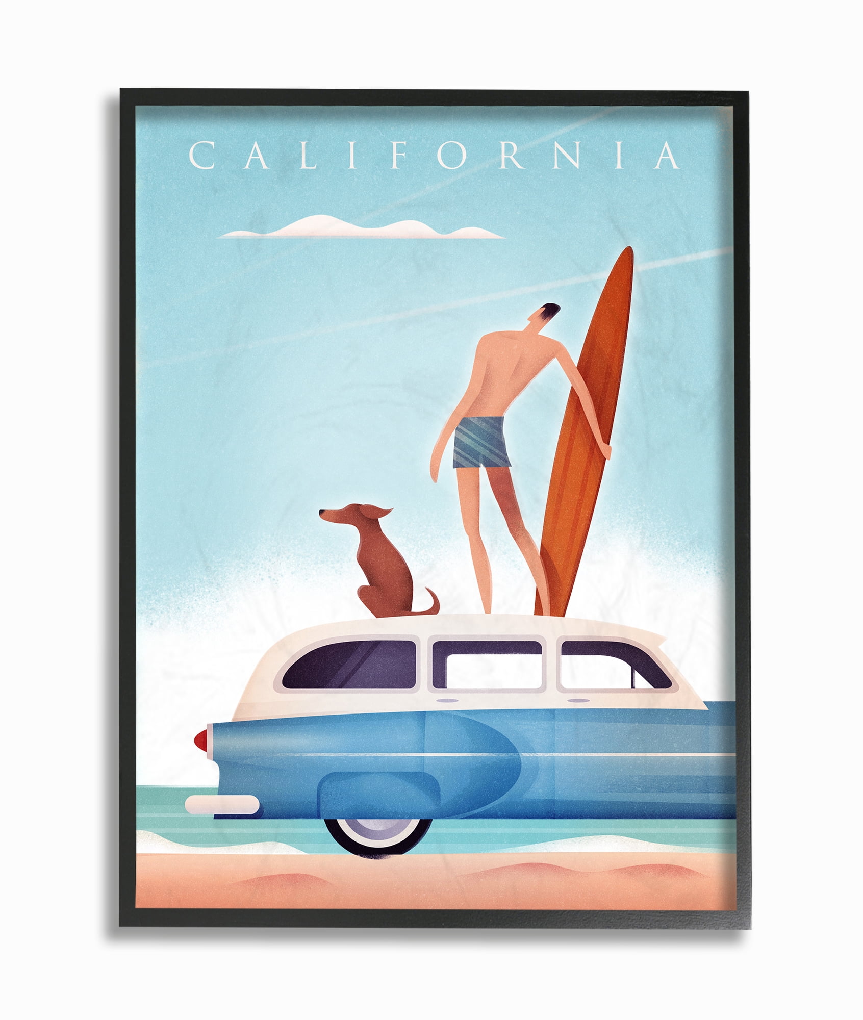 The Stupell Home Decor California Surfer and Dog on Their Car Poster Style Framed Texturized Art