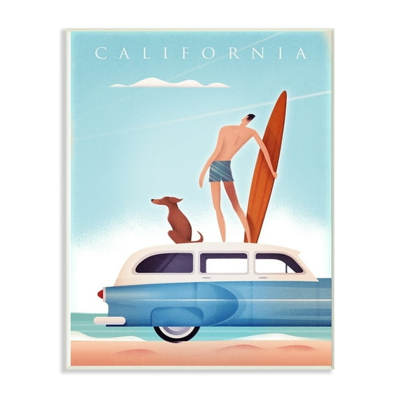 The Stupell Home Decor California Surfer and Dog on Their Car Poster Style Wall Plaque Art