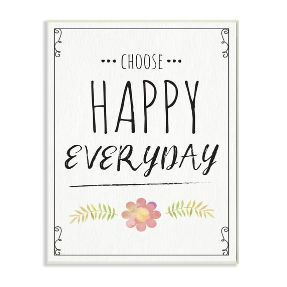 The Stupell Home Decor Choose Happy Everyday Pink Flower Black and White Wood Look