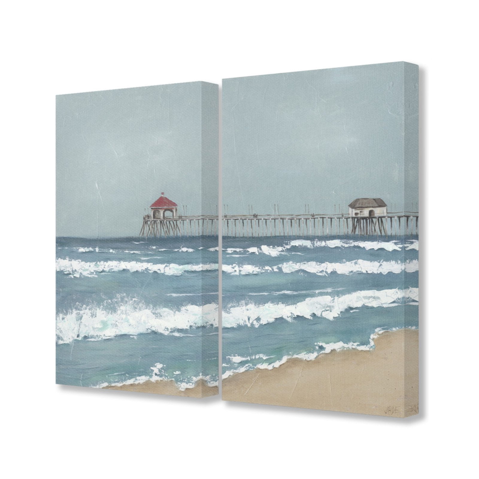The Stupell Home Decor Collection Fishing Pier Beach Diptych Painting 2pc Stretched Canvas Wall Art Set, 16 x 1.5 x 20