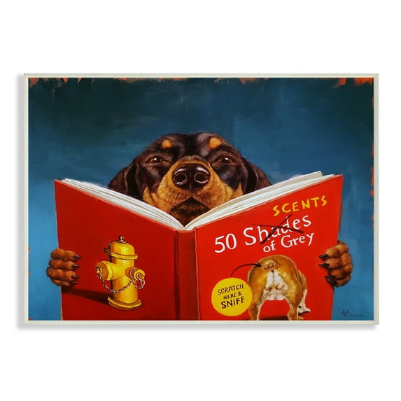 The Stupell Home Decor Collection 50 Scents Of Gray Funny Daschund Dog Reading Painting Wall Plaque Art, 10 x 15