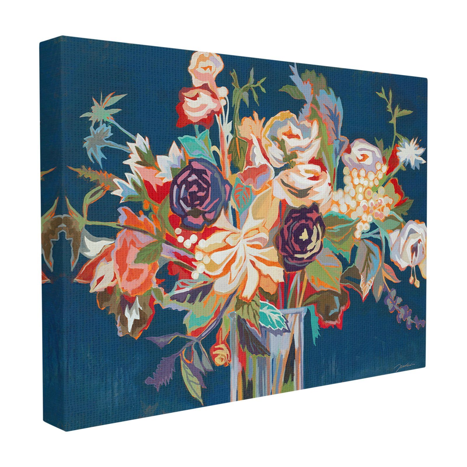 The Stupell Home Decor Collection Abstract Bright Flower Vase with Orange Purple and Green on Blue Framed Giclee Texturized Art, 11 x 1.5 x 14