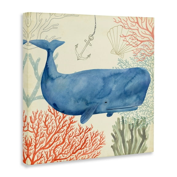 The Stupell Home Decor Collection Anchor Coral and Shells Underwater Whimsical Whale Watercolor Oversized Stretched Canvas Wall Art, 24 x 1.5 x 24