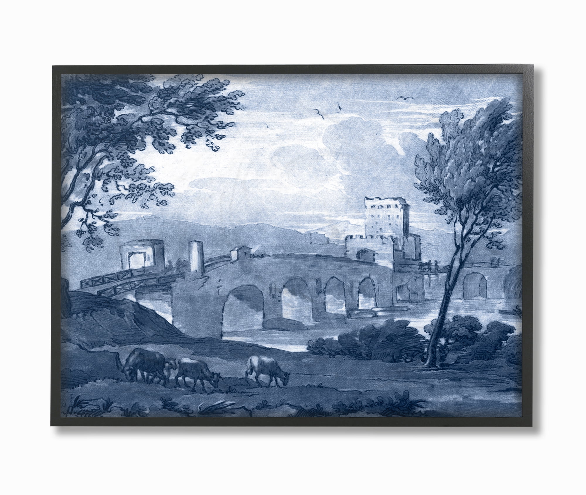 The Stupell Home Decor Collection Antique Architecture Blue Bridge Illustration Framed Giclee Texturized Art, 11 x 1.5 x 14