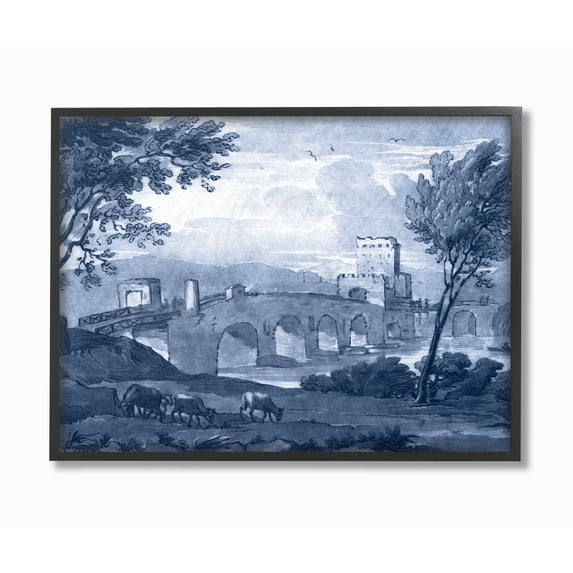 The Stupell Home Decor Collection Antique Architecture Blue Bridge Illustration Oversized Framed Giclee Texturized Art, 16 x 1.5 x 20