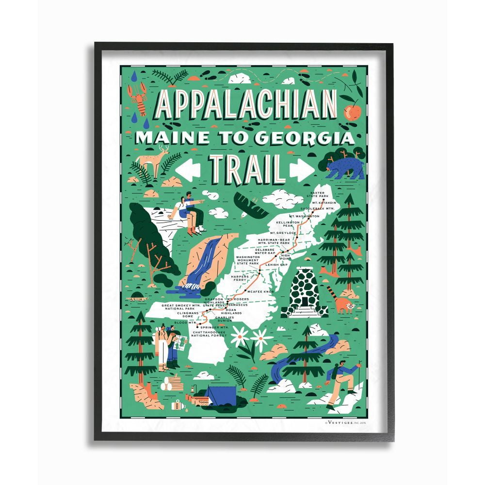 Appalachian Trail Green Illustrated Scenic Map Framed Canvas Art