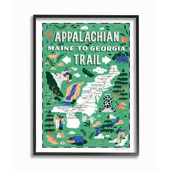 The Stupell Home Decor Collection Appalachian Trail Maine to Georgia Green Illustrated Scenic Map Poster Framed Giclee Texturized Art