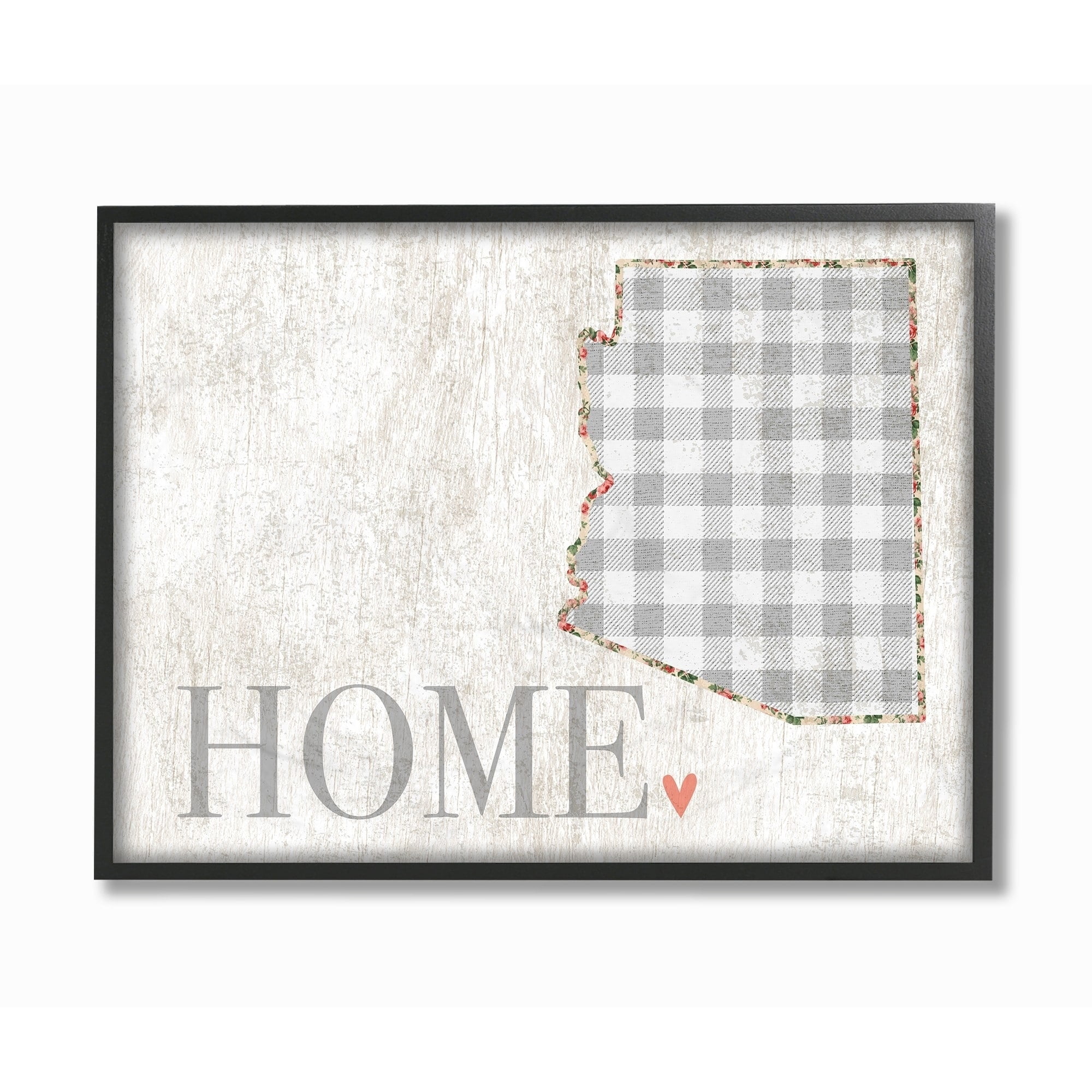 The Stupell Home Decor Collection Arizona Grey Gingham and Floral Heart and Home Oversized Framed Giclee Texturized Art, 16 x 1.5 x 20