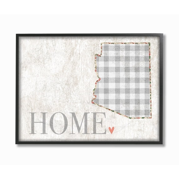 The Stupell Home Decor Collection Arizona Grey Gingham and Floral Heart and Home Oversized Framed Giclee Texturized Art, 16 x 1.5 x 20
