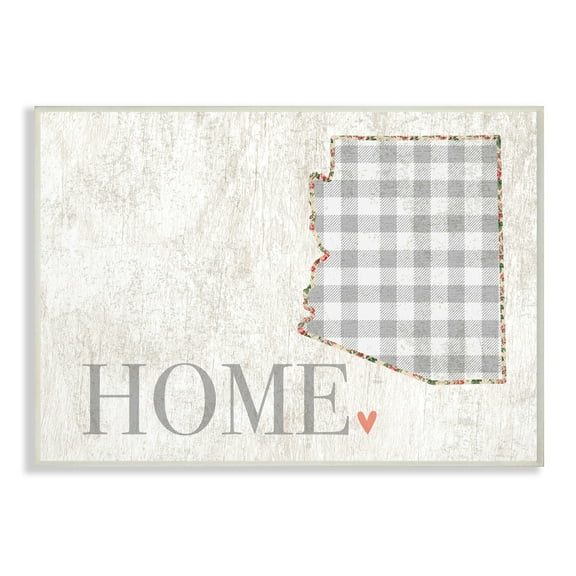 The Stupell Home Decor Collection Arizona Grey Gingham and Floral Heart and Home Wall Plaque Art, 10 x 0.5 x 15