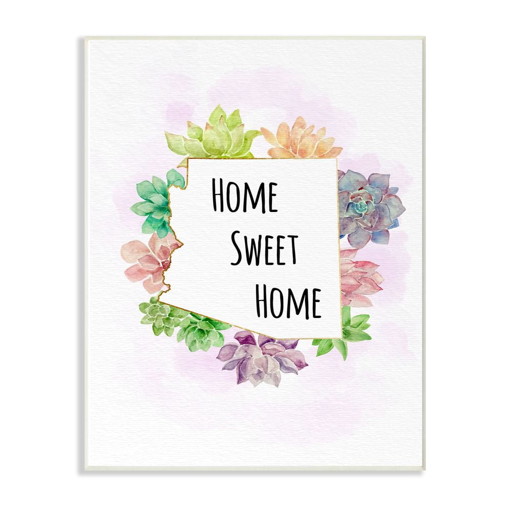 The Stupell Home Decor Collection Arizona State Home Sweet Home Succulent Watercolor Vignette Wood Wall Art