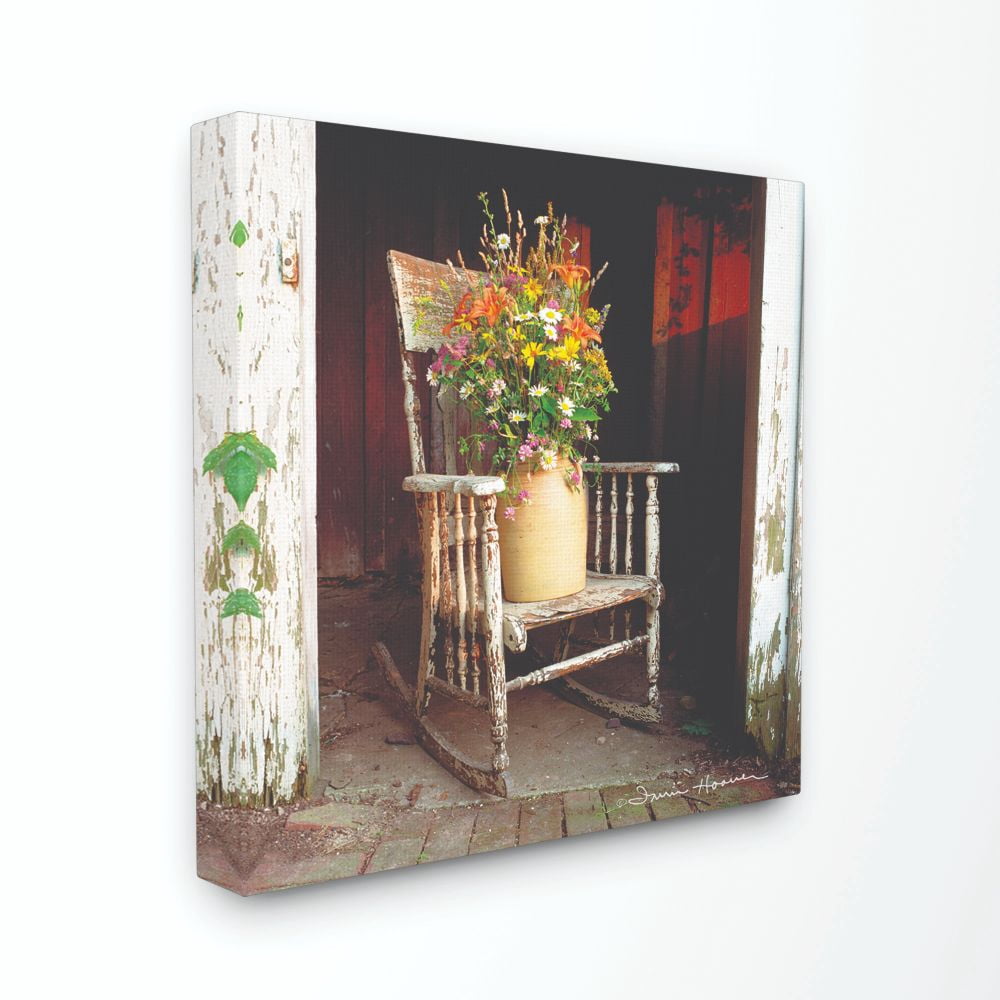The Stupell Home Decor Collection Barn Flower Pot on Old Rocking Chair Illustration Canvas Wall Art