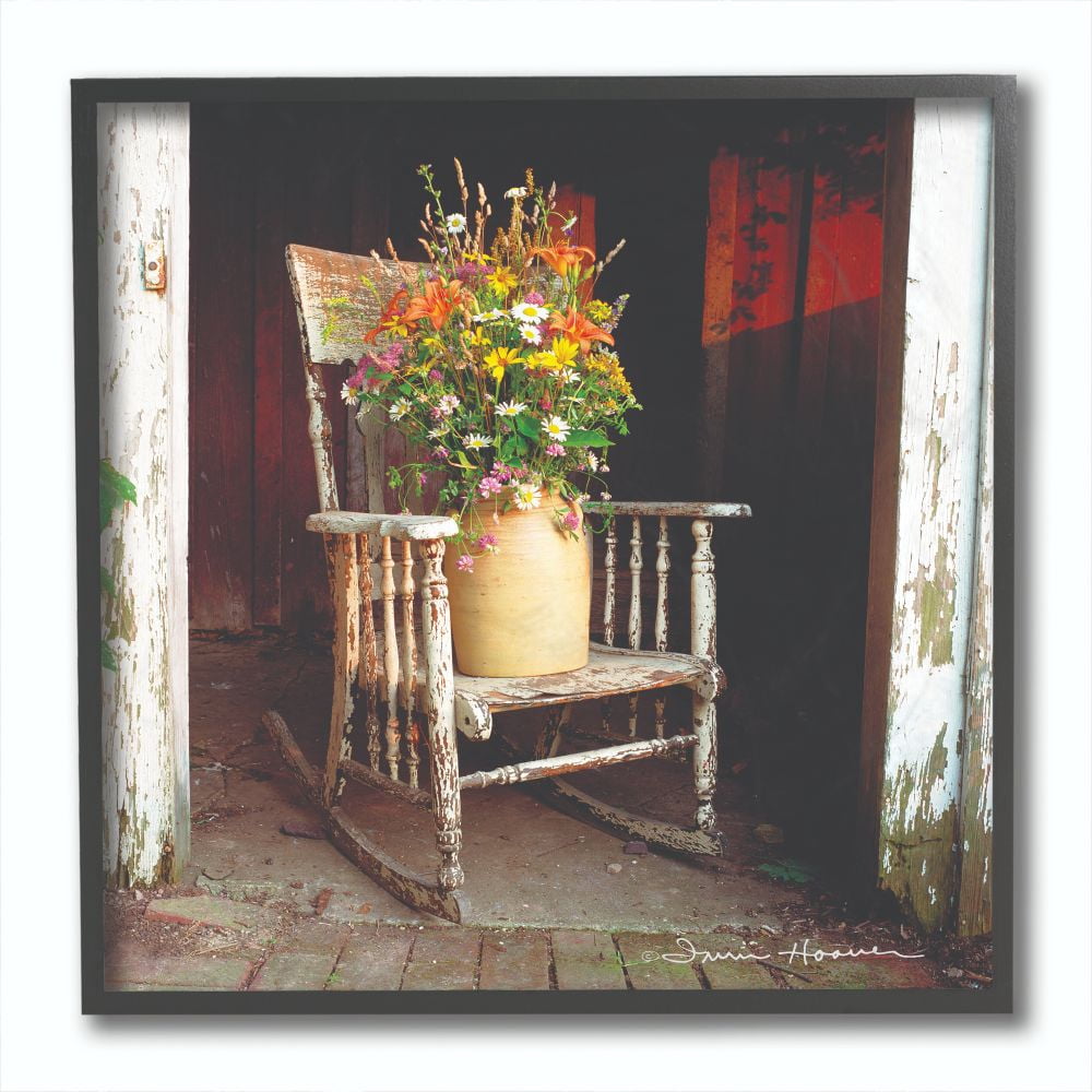 The Stupell Home Decor Collection Barn Flower Pot on Old Rocking Chair Illustration Framed Giclee Texturized Art