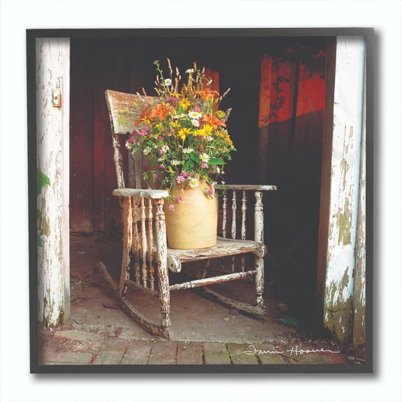 The Stupell Home Decor Collection Barn Flower Pot on Old Rocking Chair Illustration Framed Giclee Texturized Art