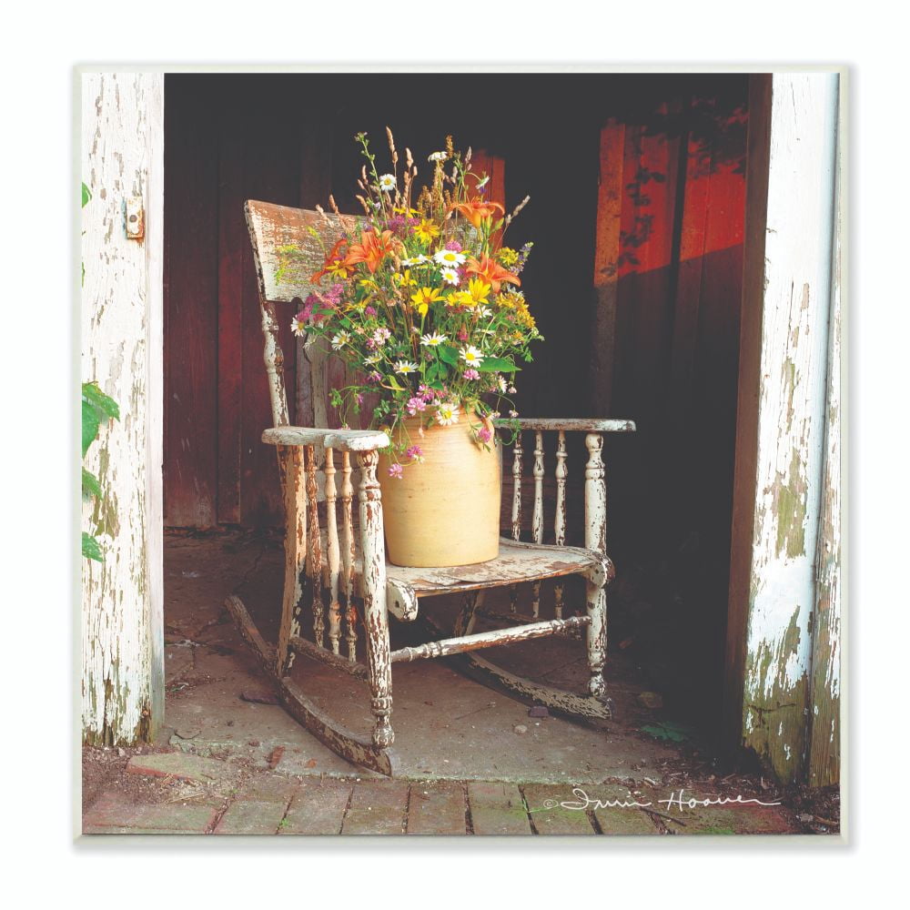 The Stupell Home Decor Collection Barn Flower Pot on Old Rocking Chair Illustration Wood Wall Art