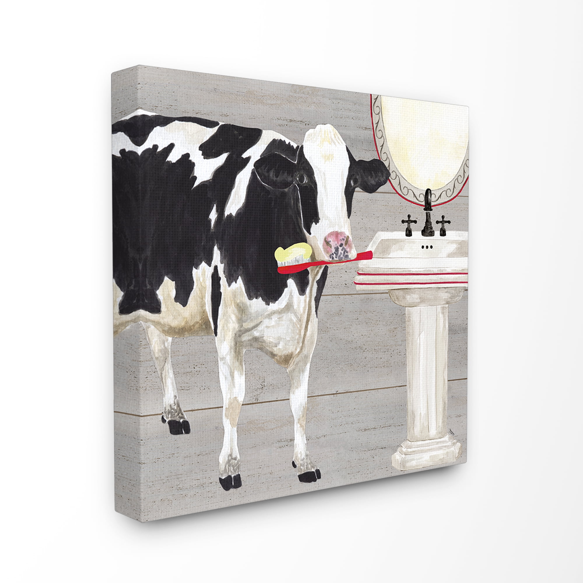 Whimsical Cow Brushing Teeth Canvas Print for Kids