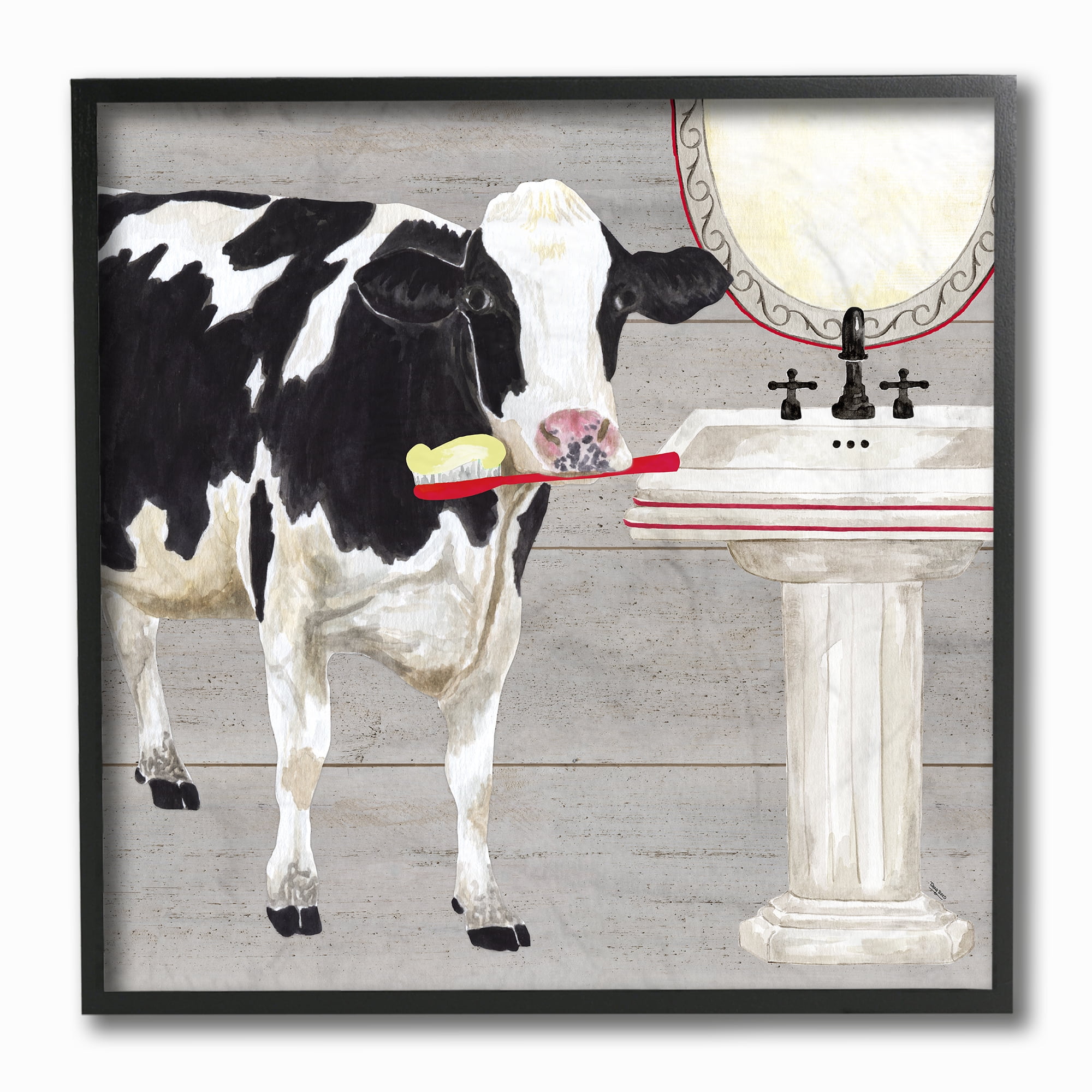 the stupell home decor collection bath time for cows at sink red black and greypainting framed giclee texturized art, 12 x 1.5 x 12