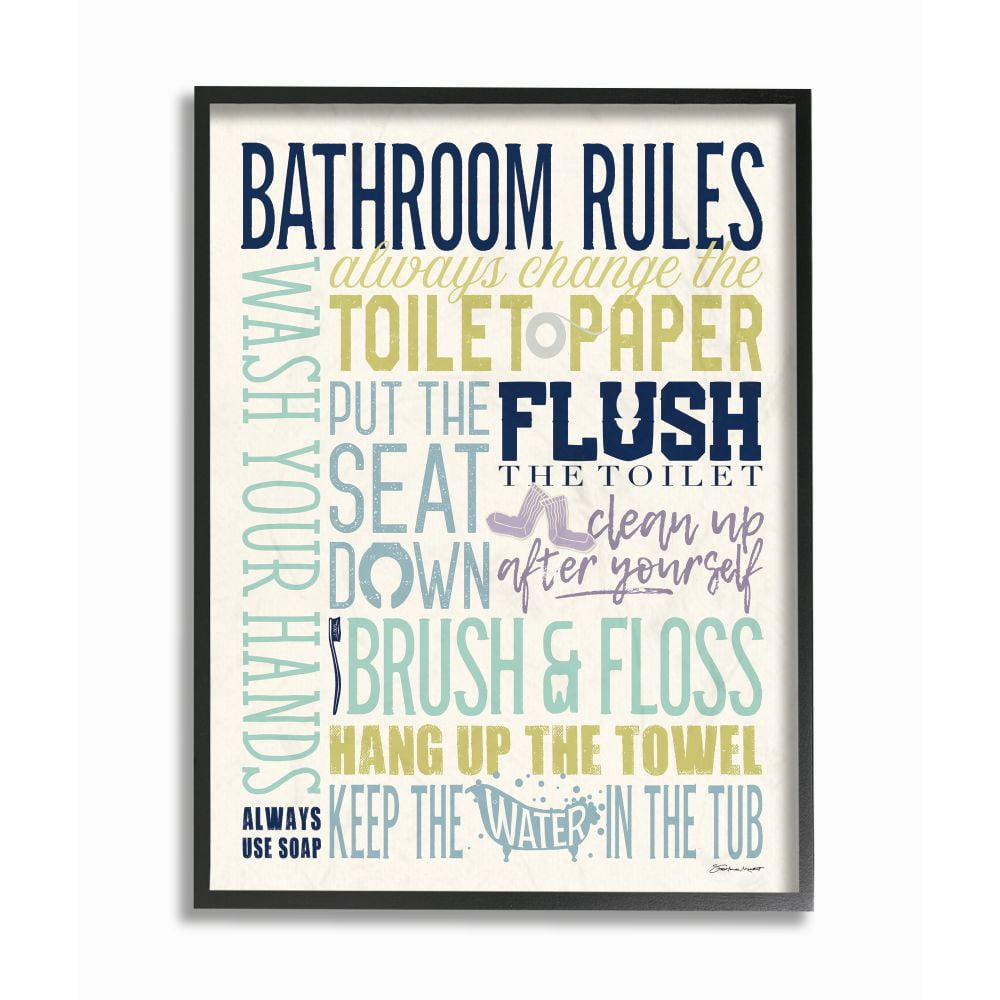 The Stupell Home Decor Collection Bathroom Rules Aqua Blue Green and Purple Colorful Typography Black Framed Giclee Texturized Art