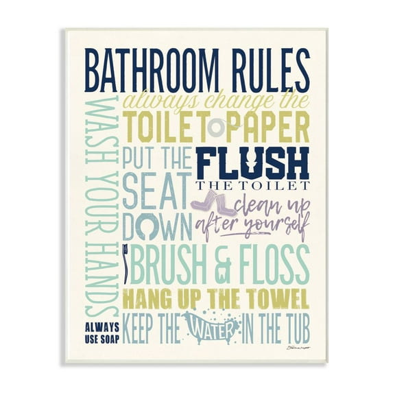 The Stupell Home Decor Collection Bathroom Rules Aqua Blue Green and Purple Colorful Typography Wall Plaque Art