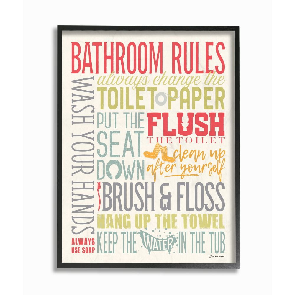 The Stupell Home Decor Collection Bathroom Rules Coral Green Grey and Blue Colorful Typography Black Framed Giclee Texturized Art