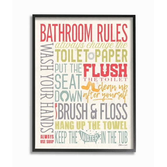 The Stupell Home Decor Collection Bathroom Rules Coral Green Grey and Blue Colorful Typography Black Framed Giclee Texturized Art