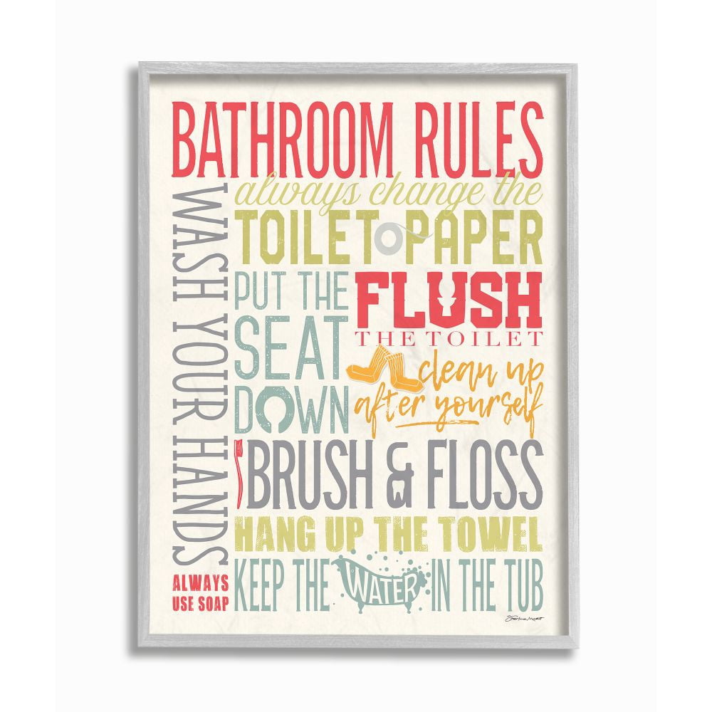 The Stupell Home Decor Collection Bathroom Rules Coral Green Grey and Blue Colorful Typography Gray Farmhouse Rustic Framed Giclee Texturized Art