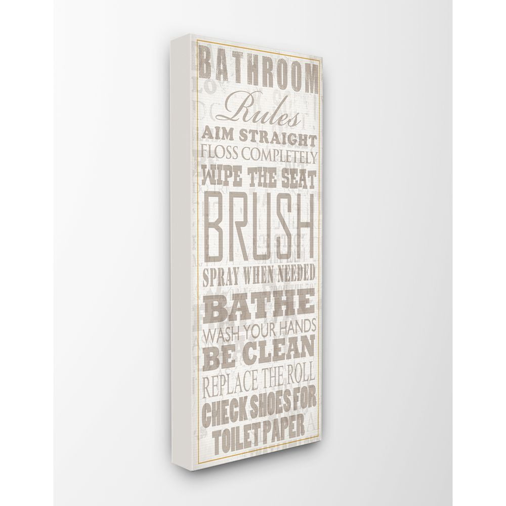 The Stupell Home Decor Collection Bathroom Rules Tan and White Distressed Overlay Typography Canvas Wall Art