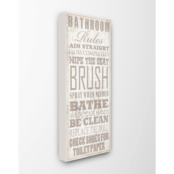 The Stupell Home Decor Collection Bathroom Rules Tan and White Distressed Overlay Typography Canvas Wall Art