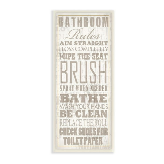 The Stupell Home Decor Collection Bathroom Rules Tan and White Distressed Overlay Typography Wall Plaque Art