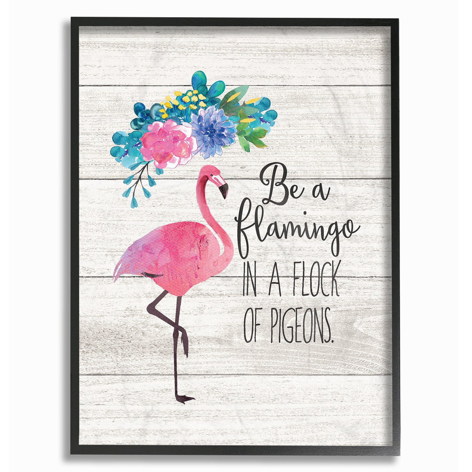 The Stupell Home Decor Collection Be A Flamingo Floral Watercolor on White Planks Framed Giclee Texturized Art, 11 x 1.5 x 14