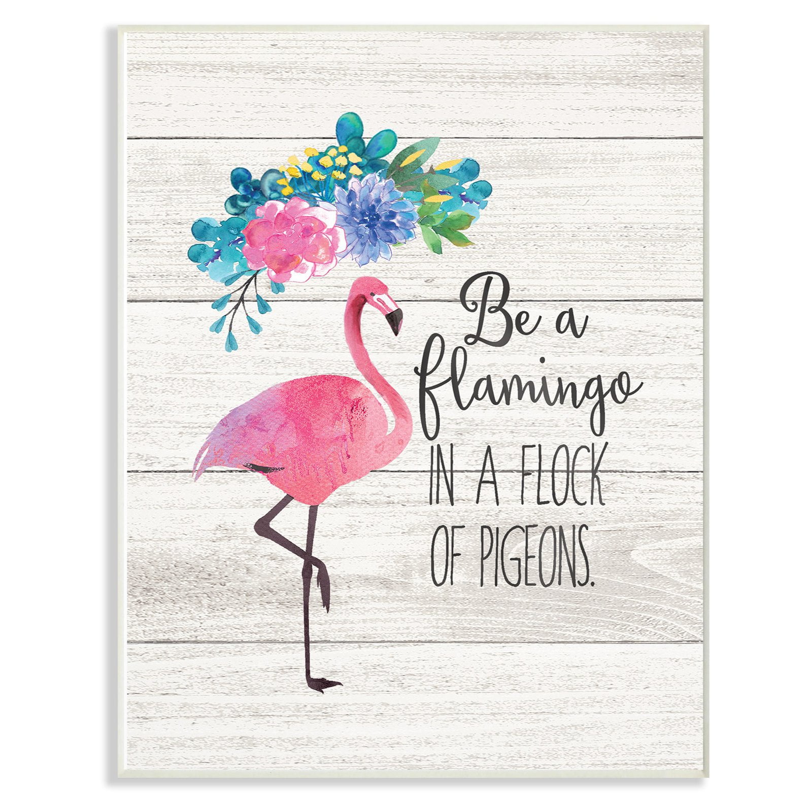 the stupell home decor collection be a flamingo floral watercolor on white planks oversized wall plaque art, 12.5 x 0.5 x 18.5