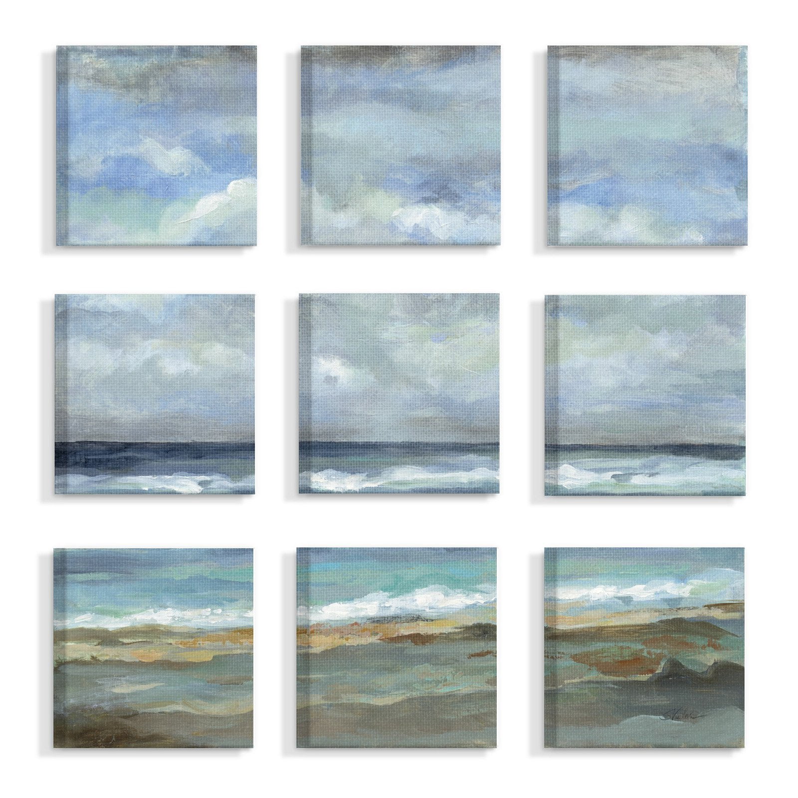 The Stupell Home Decor Collection Beach Side Tide And Sky Blue and Tan Painting 9pc Stretched Canvas Wall Art Set, 12 x 1.5 x 12