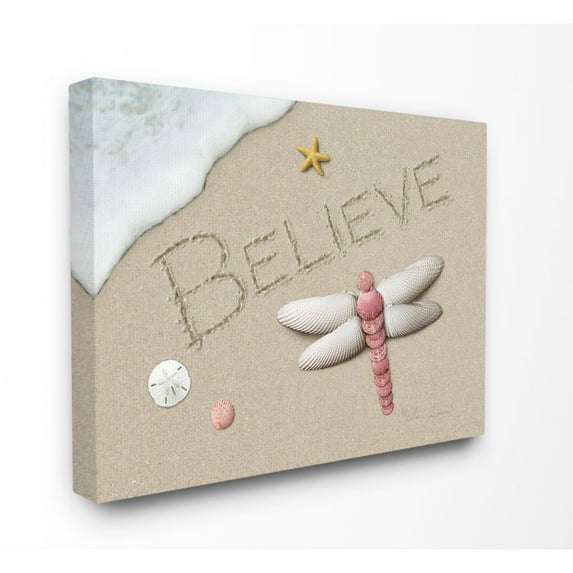 The Stupell Home Decor Collection Believe Written In Sand With Starfish Sand Dollar and Seashell Dragonfly Canvas Wall Art