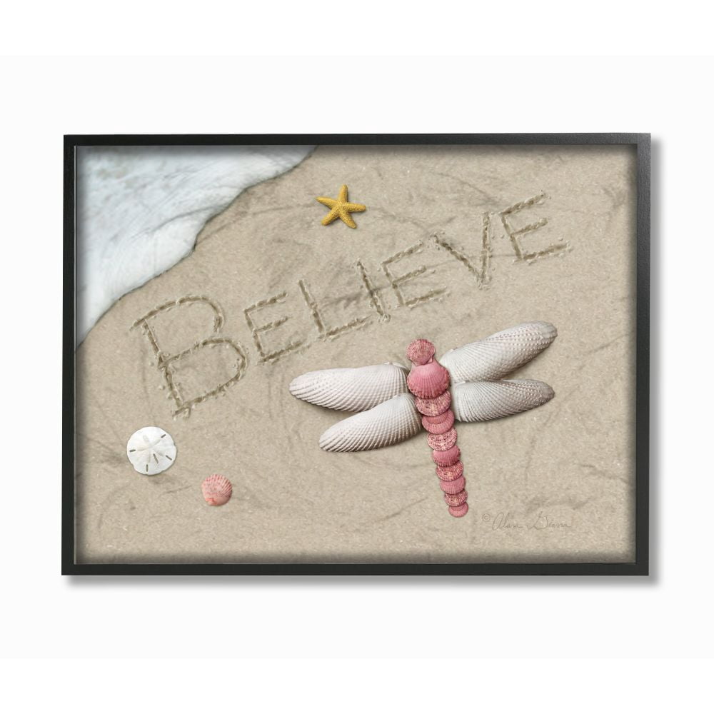 The Stupell Home Decor Collection Believe Written In Sand With Starfish Sand Dollar and Seashell Dragonfly Framed Giclee Texturized Art