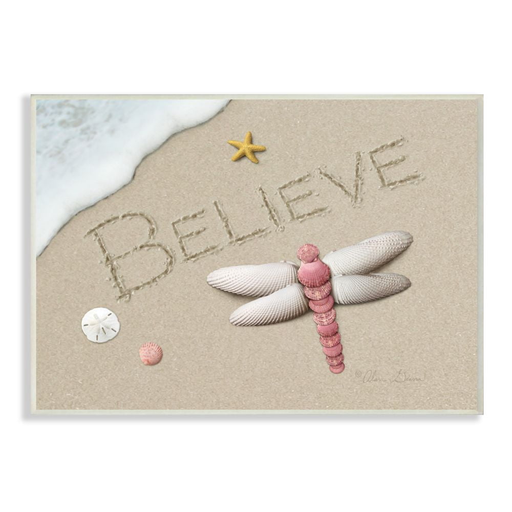 The Stupell Home Decor Collection Believe Written In Sand With Starfish Sand Dollar and Seashell Dragonfly Wall Plaque Art