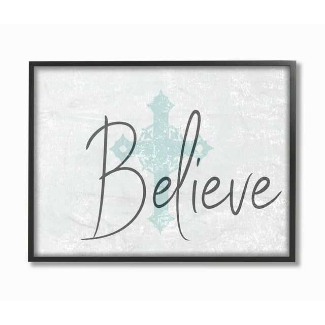 The Stupell Home Decor Collection Believe with Holy Cross Wood Texture Framed Giclee Texturized Art, 11 x 1.5 x 14