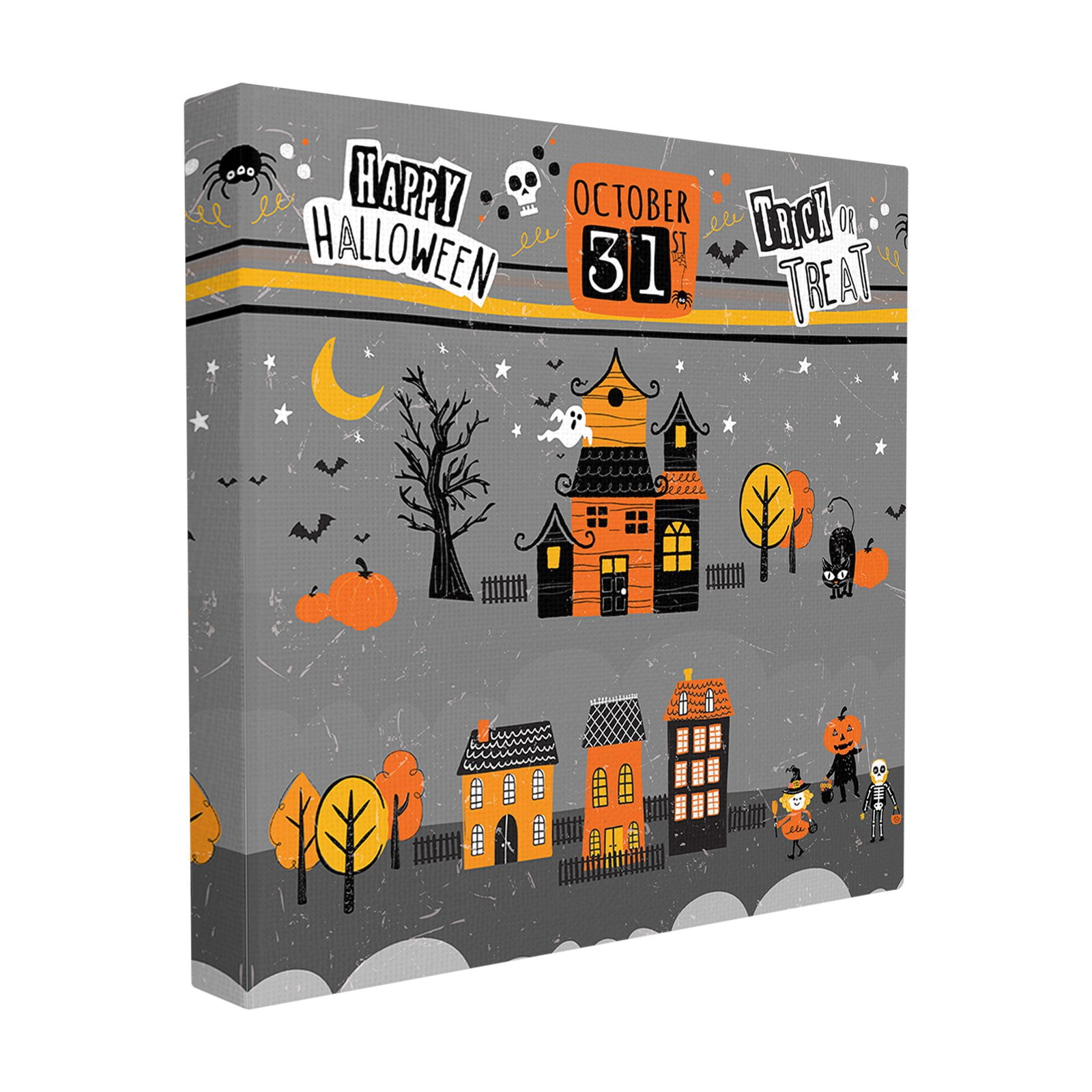 The Stupell Home Decor Collection Black Orange and Grey October 31st Trick Or Treat Houses Night Scene Oversized Stretched Canvas Wall Art, 24 x 1.5 x 24