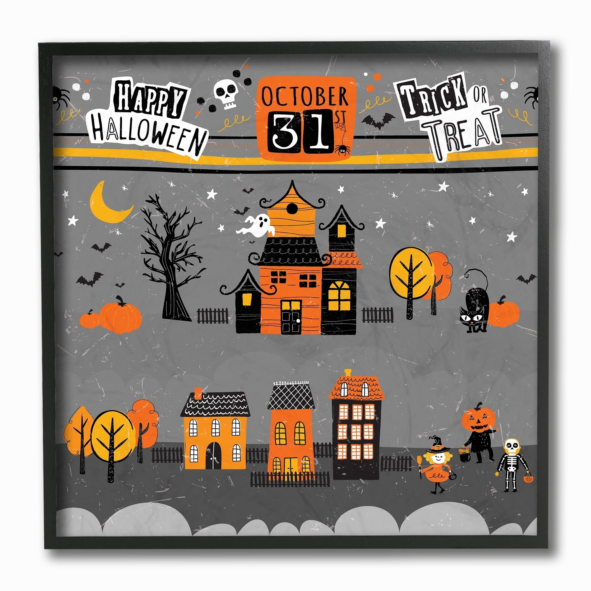 The Stupell Home Decor Collection Black Orange and Grey October 31st Trick Or Treat Houses Night Scene Framed Giclee Texturized Art, 12 x 1.5 x 12