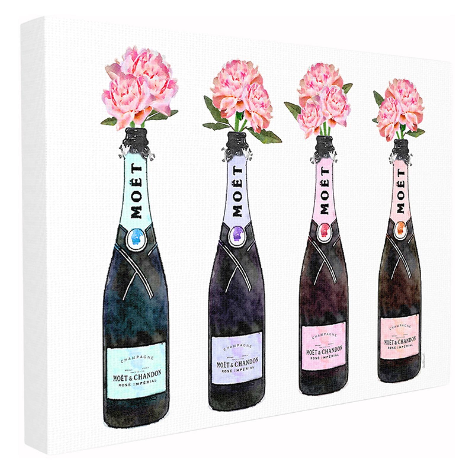 The Stupell Home Decor Collection Black Pink Purple and Blue Champagne Bottles with Peonies Oversized Stretched Canvas Wall Art, 24 x 1.5 x 30