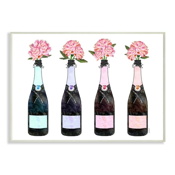 The Stupell Home Decor Collection Black Pink Purple and Blue Champagne Bottles with Peonies Wall Plaque Art, 10 x 0.5 x 15