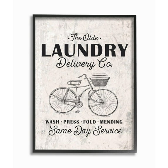 The Stupell Home Decor Collection Black on White Washed Texture Laundry Delivery Co Same Day Service Bike Illustration Framed Giclee Texturized Art, 11 x 14